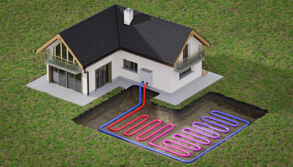 Horizontal ground source heat pump system for heating home with geothermal energy - 3D rendered illustration